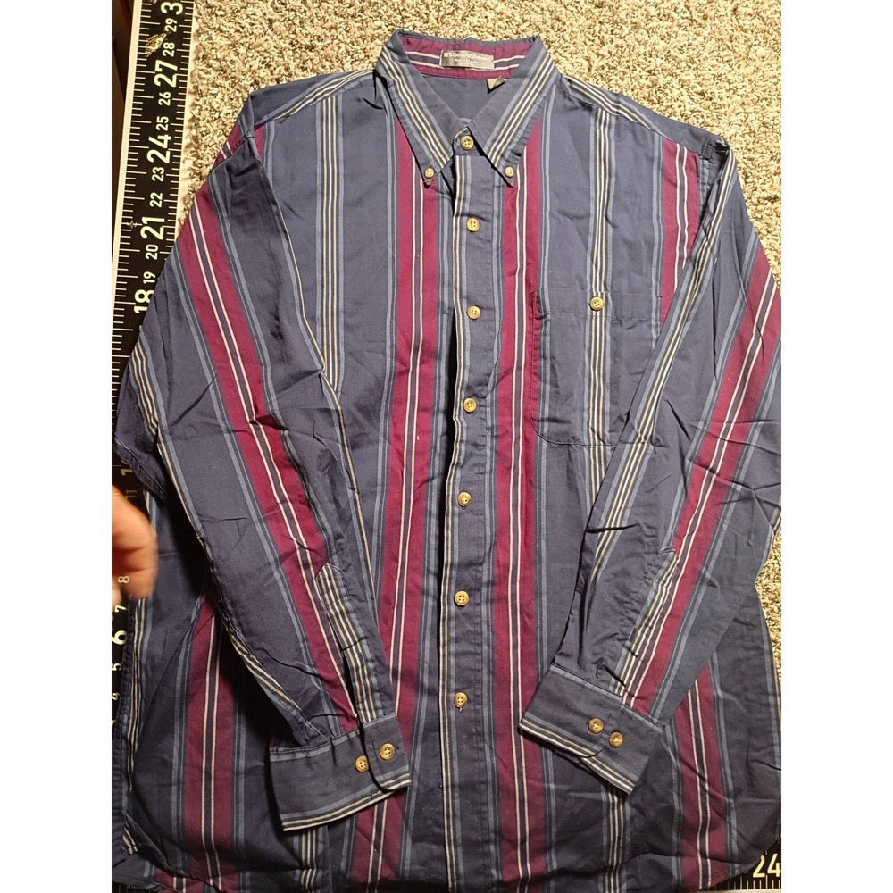 Mens Vintage Vertical Stripe Button Down Shirt Navy Blue Burgundy Large P-619